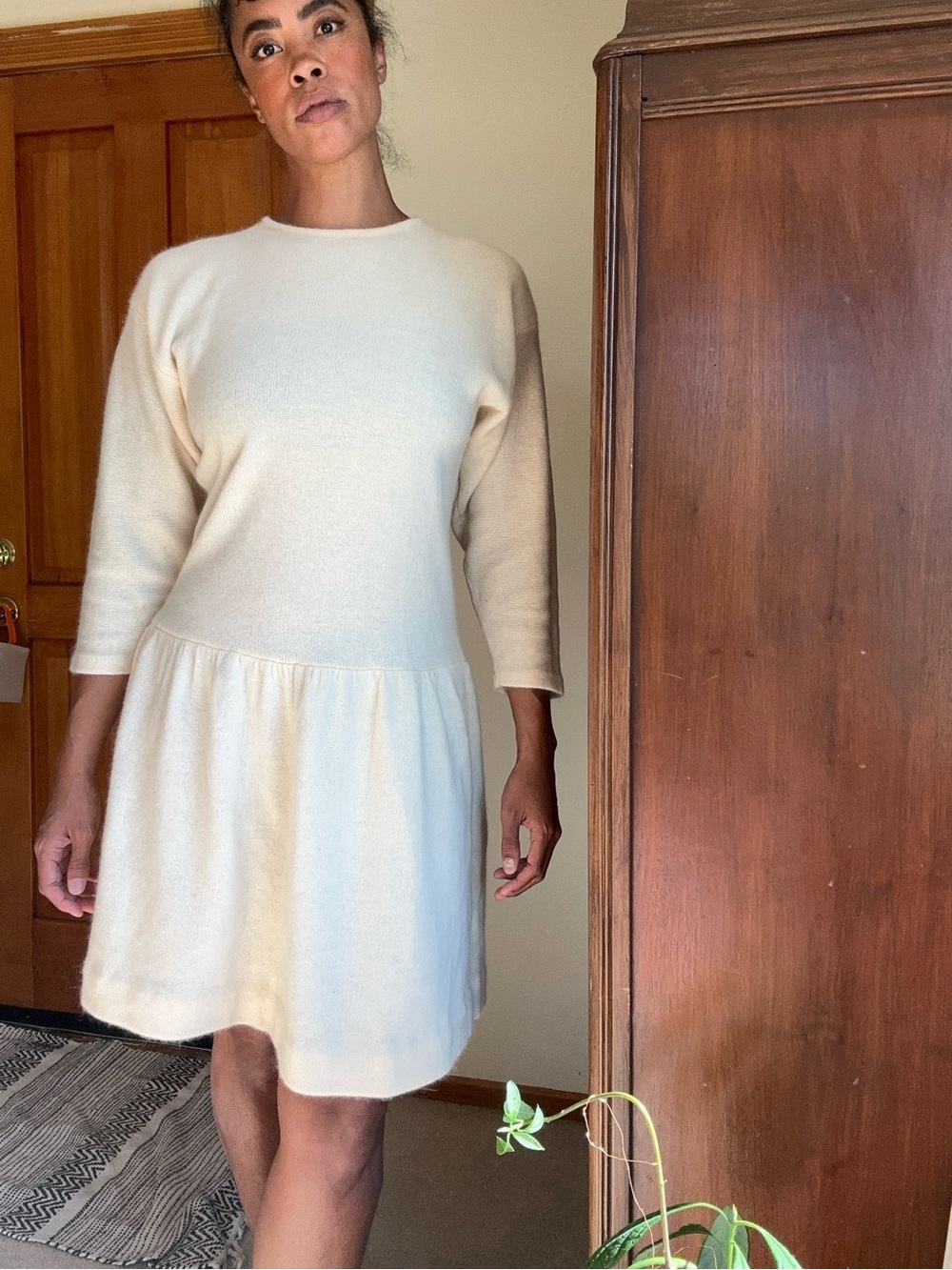 Ann Taylor Cream Long-Sleeve Drop-Waist A-Line Dress